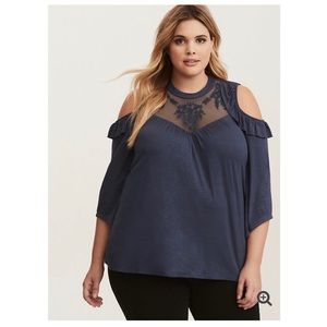 Torrid Lace Inset Ruffled Cold Shoulder Top